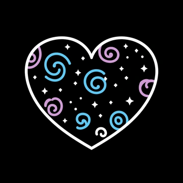 A heart shape filled with tiny white stars and swirling galaxies in various shades of blue and purple. The heart appears to be floating against a deep black space background. The stars twinkle softly while the galaxies display intricate spiral patterns, adding depth to the heart's shape.