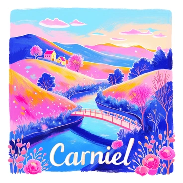 A digital illustration of a serene landscape at sunset. The scene features rolling hills bathed in warm hues of orange and pink, with a clear blue sky transitioning to twilight. In the foreground, a winding river reflects the colors of the sky. Silhouetted trees line the riverbanks, with delicate leaves fluttering in the gentle breeze. A small wooden bridge arches over the river, leading towards a distant cottage nestled among the hills. The artist's commentary is included in a distinctive font at the bottom of the image, framed by delicate floral designs.