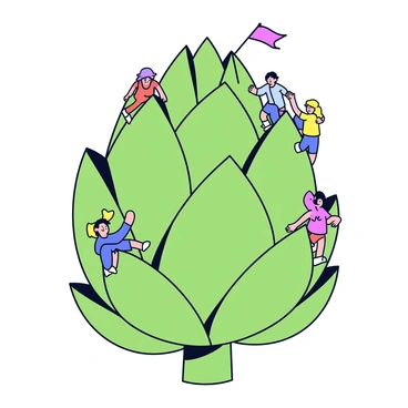 A miniature world scene depicting tiny figures climbing and exploring a large artichoke. The artichoke is rendered with detailed leaves that curve outward, creating valleys and ridges for the figures to traverse. The figures, dressed in colorful attire, can be seen scaling the pointed tips of the artichoke's leaves, while others navigate through the inner layers. Small props, such as flags and ropes, are scattered throughout the scene, enhancing the adventurous atmosphere. The setting is vibrant, with a variety of green hues on the artichoke contrasting against the colorful figures.