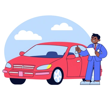 A happy customer with a big smile is standing next to their new car. The car is a shiny red sedan with sleek lines and polished wheels. The delivery service representative, wearing a uniform, is handing over the keys with a friendly gesture. The background shows a bright day with a clear blue sky and a few fluffy white clouds.