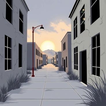 An abandoned town with deserted streets lined by dilapidated buildings. The buildings have cracked facades and are covered in a layer of gray dust. An overgrown sidewalk is scattered with scattered weeds and debris. In the distance, a rusty streetlamp stands at a crooked angle. A broken window on one of the buildings reveals shattered glass, reflecting the light of a setting sun. The sky is filled with dark clouds, enhancing the somber atmosphere of the scene.