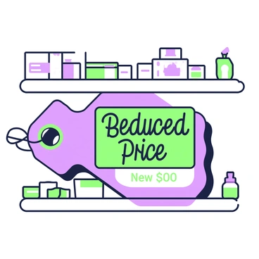 A large discount tag is prominently displayed on a product shelf. The tag is shaped with a pointed end, indicating a sale. It features the text "Reduced Price" in bold, legible font. Below the main text, a new price is shown in a larger font, emphasizing the discount. The tag is surrounded by various products, including boxes and bottles, which are neatly arranged on the shelf. The shelf is made of dark wood, contrasting with the vibrant tag.