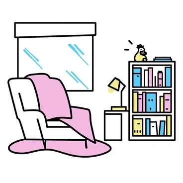 A small reading nook filled with sunlight, featuring a comfortable armchair draped in a soft blanket. A wooden bookshelf is positioned nearby, with a collection of colorful books about "onathappan" neatly arranged. Beside the books, there is a small decorated figure, intricately crafted, providing a charming focal point on the shelf. A warm lamp stands next to the chair, casting a gentle glow. A plush rug is placed on the floor, enhancing the cozy atmosphere of the space.