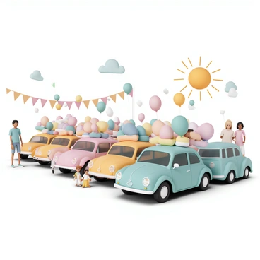 A festival with cars decorated with helium balloons, each shaped like Easter eggs