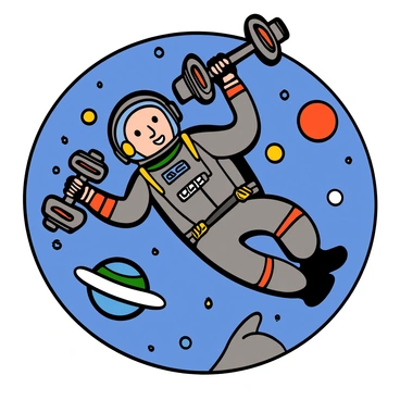 An astronaut with light skin and a helmet is performing hammer curls while floating in a zero-gravity environment. The astronaut is wearing a sleek, high-tech space suit with various colored lights and panels. They are holding futuristic dumbbells designed with a metallic finish and glowing edges. The background is filled with stars and distant planets, highlighting the outer space setting. The astronaut's expression shows concentration as they engage in the exercise, demonstrating physical effort in the unique setting.
