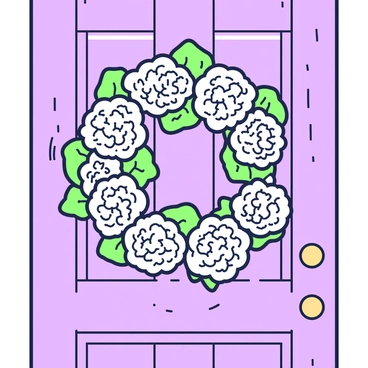 A rustic door is adorned with a wreath made entirely of hydrangea flowers. The wreath is full and lush, with hydrangea blooms in various sizes interwoven with leafy stems. Each bloom has a unique shape, creating a textured appearance. The door's surface shows natural wood grain, with visible knots and imperfections. A brass doorknob is positioned to the right of the wreath, shining softly in the light. The setting conveys a welcoming atmosphere, inviting anyone to approach.