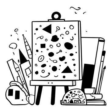 A full-size illustration board positioned upright on an easel. The surface of the board is covered with a vibrant array of geometric shapes arranged in a complex pattern. The shapes include triangles, circles, and squares in various sizes. There are paintbrushes of different lengths and widths resting against the board, some with paint stains. A palette filled with a variety of colors sits nearby, along with a few tubes of paint scattered around. The scene is set in a well-lit art studio with rolls of canvas and art supplies visible in the background.