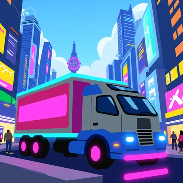 A futuristic truck with a sleek, aerodynamic design is parked on a bustling street in a sci-fi cityscape. The truck features vibrant neon lights illuminating its contours in bright blues, pinks, and greens. Surrounding the truck are towering skyscrapers with glowing advertisements and holographic displays. The streets are filled with diverse futuristic vehicles and pedestrians wearing high-tech clothing. A digital clock tower stands in the background, adding to the atmosphere of advanced technology and urban life. The scene is alive with energy and color, showcasing the vividness of this futuristic environment.