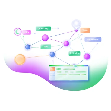 A modern pastel illustration featuring a network diagram. The diagram includes various colored data points, represented as circles and squares, interconnected by thin lines. Each line is labeled with different types of metadata in clear, legible fonts. The data points are arranged in a way that showcases their relationships, with labels such as "timestamp," "data type," "source," and "destination" visible near the lines. The background is a soft gradient to enhance the visibility of the diagram elements.