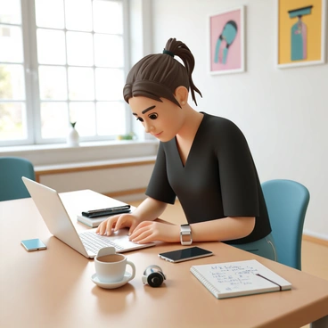 A woman, wearing a black blouse and blue jeans, is sitting at a sleek wooden desk in a modern co-working space. She has long brown hair tied in a loose bun and is intently focused on her laptop. Around her, there are various tech gadgets, including a smartphone, wireless headphones, and a tablet. On the desk, there are also notebooks filled with handwritten notes and a stylish coffee mug. The background features large windows with natural light pouring in, and colorful artwork adorning the walls, reflecting a creative atmosphere.