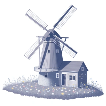 A windmill with a tall, rotating blade structure is positioned prominently in a field filled with an abundance of flowers. The windmill has a rustic appearance, with weathered wooden panels and a sturdy stone base. Integrated into the windmill is a charming home, featuring multiple windows that offer views of the surrounding landscape. Wildflowers in various shapes and sizes surround the structure, creating a vibrant, natural scene. The tall grass in the field gently sways in the breeze, complementing the picturesque setting of the windmill home.