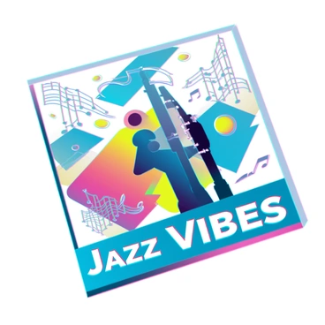 A vibrant CD cover design featuring a dynamic arrangement of abstract shapes and colors that represent jazz music. Geometric forms in shades of blue, yellow, and red intertwine, creating a sense of rhythm and movement. Musical notes are artistically integrated into the design, floating amidst the shapes. A silhouette of a saxophonist is positioned prominently, with flowing lines suggesting sound waves emanating from the instrument. The title "Jazz Vibes" is displayed in bold, modern typography across the bottom, enhancing the energetic feel of the composition.