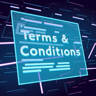 A digital contract displayed on a transparent screen with glowing "Terms and Conditions" text. The text is illuminated with a bright blue hue, and it appears to float amidst a backdrop of swirling data streams and binary code in cyberspace. The contract is partially transparent, revealing intricate circuitry patterns behind it. Soft, ethereal lights pulse in the background, enhancing the sense of being in a digital environment.