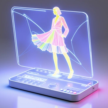 A futuristic holographic display projecting a vibrant, translucent fashion model rotating gracefully. The fashion model is dressed in an elegant, shimmering outfit that reflects various colors. Surrounding the model are beams of light that emphasize its three-dimensional form. The base of the display is sleek and metallic, showcasing high-tech controls illuminated with soft blue lights.