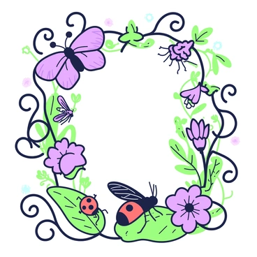 A botanical frame filled with detailed illustrations of various insects. The frame features intricate green and purple vines that curl around the edges. Within the frame, a range of insects is displayed, including a butterfly with wide open wings, a ladybug crawling on a leaf, and a dragonfly hovering near a blooming flower. Each insect is depicted with precise details, showcasing their unique patterns and textures. The background includes assorted plants and flowers, creating a vibrant yet harmonious composition.