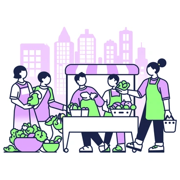 A busy farmers' market set in an urban environment, filled with vibrant stalls displaying various fruits and vegetables. There are people of different ages and backgrounds interacting and shopping. A vendor with a green apron is handing a customer a basket filled with assorted produce, including purple eggplants and green zucchini. Nearby, a stall is showcasing a variety of colorful flowers in pots. In the background, tall city buildings can be seen, blending with the atmosphere of community engagement and local agriculture.