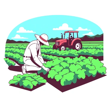 A farmer tending to crops in a sunlit field, with a tractor and rows of plants