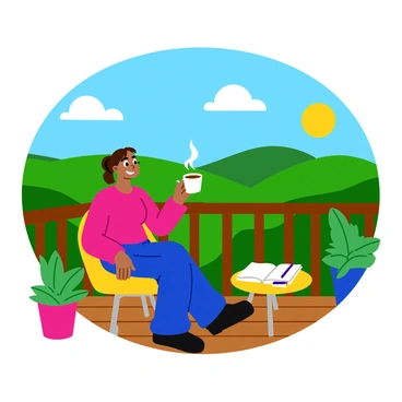 A person taking a break from work, sipping coffee on their balcony with a beautiful view.