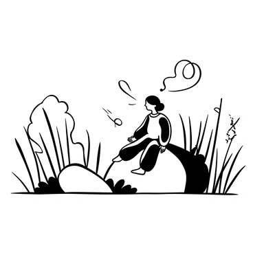 A contemplative figure sitting on a large rock in a serene landscape, surrounded by tall grass swaying gently in the breeze. The figure is dressed in flowing robes, with arms resting on their knees. Wisps of air are illustrated as swirling lines around the figure, conveying the sense of whispers and thoughts. The background features a variety of trees and shrubs, adding depth to the scene.