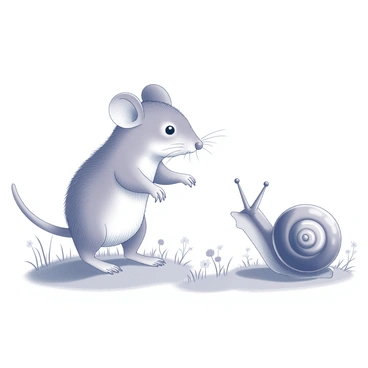 A small field mouse with soft fur and large ears stands on its hind legs. It faces a snail with a spiraled shell, both creatures positioned on a patch of grass. The mouse has its nose twitching, while the snail extends its eyestalks, appearing curious. The field is dotted with wildflowers and scattered blades of grass, providing a natural habitat for both animals. The sun illuminates the scene, highlighting the delicate features of the mouse and the textured shell of the snail, as they observe one another with interest.