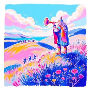 A Viking warrior stands atop a grassy hill, confidently blowing a large horn. He is adorned in traditional Viking armor, which includes a fur-lined cloak and a helmet with intricate designs. His long, braided hair flows in the wind as he faces the horizon. In the background, a group of distant figures can be seen, indicating his comrades preparing for the raid. The sky features a mix of clouds and sunlight, casting a dramatic light over the scene. The hill is dotted with wildflowers, adding vibrant color to the landscape.