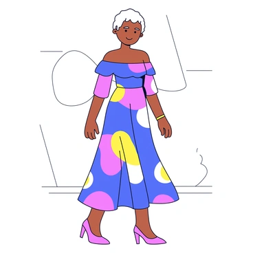 A custom fashion sketch of a clothing line featuring a long flowing dress. The dress has an off-shoulder design with vibrant patterns of blue, pink, and yellow. Beside the dress, there is a stylish pair of high-heeled shoes matching the colors of the dress. The background includes simple lines to indicate a runway setting. The sketch is drawn with clear, bold outlines to emphasize the shapes and elements of the fashion design.