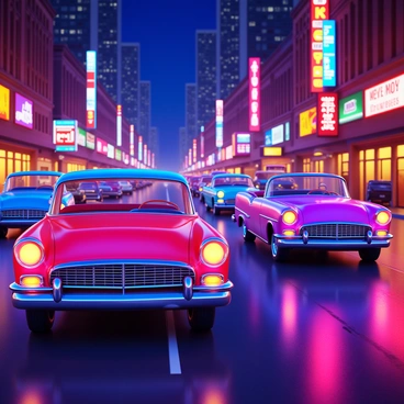 A row of classic American cars driving along a city street. The scene is illuminated by vibrant neon lights in various colors. The cars are in different shades, showcasing their unique designs and chrome details. Reflections of the neon lights shimmer on the car hoods and the wet pavement. The skyline is dotted with tall buildings, each featuring glowing signs and advertisements. The atmosphere is lively and dynamic, with a sense of motion as the cars cruise through the bustling night.