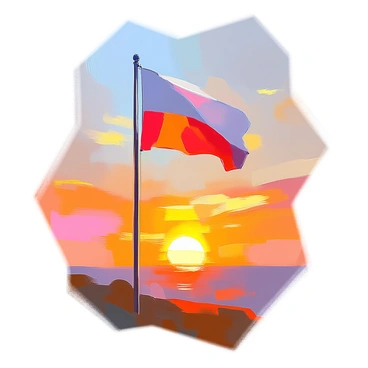 A flag with bold colors flying at half-mast, positioned prominently against a vibrant sunrise backdrop. The sun is rising on the horizon, casting warm hues of orange, pink, and yellow across the sky. Light clouds are scattered, reflecting the morning light. The flag flutters gently in the breeze, displaying its distinctive patterns clearly. The scene evokes a sense of calm and reverence in the early morning light.