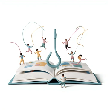 A large, open book with colorful, illustrated pages filled with vibrant images and text. A whimsical, oversized fishing hook is emerging from the center of the book, its sharp end glinting in the light. The hook is connected to swirling, colorful ribbons that float around the book, visually representing readers being drawn in. Tiny figures of readers, depicted in various poses of enthusiasm and curiosity, are being pulled gently towards the book by the ribbons. Each reader is wearing casual clothes, showing a range of expressions from excitement to wonder.