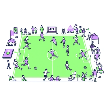 A bird's eye view captures a bustling soccer field during a local tournament. The field is filled with players wearing vibrant uniforms, running energetically in various directions. In the center, two teams are competing for possession of a green soccer ball, with one player kicking the ball towards the goal. Spectators are gathered along the sidelines, some waving flags and others cheering enthusiastically. A scoreboard is visible at one end of the field, displaying the current score. Surrounding the field, there are tents offering snacks and refreshments, and a few children are playing nearby, adding to the lively atmosphere.