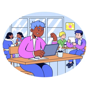 A person sitting at a wooden table in a bustling cafe. The individual is focused on a digital tablet, using a stylus to create artwork. A steaming cup of coffee is placed next to the tablet. The cafe has a variety of colorful decorations and patrons in the background engaged in conversations. Sunlight filters in through large windows, casting soft shadows on the table.