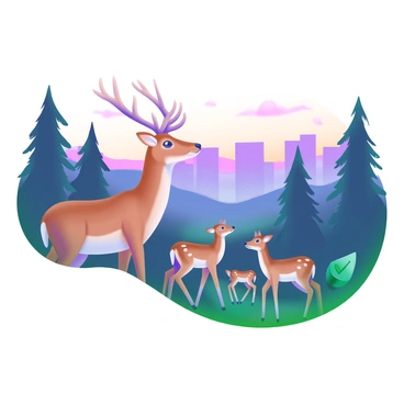 A family of deer stands at the edge of a forest, looking hesitant as they gaze towards the city in the distance. The deer are of various sizes, with a majestic stag and a few doe and fawns. Their fur is a warm brown, with white spots visible on the younger fawns. The forest behind them is dense with tall trees whose silhouettes are softly illuminated by the glow of the nearby city. The light from the city casts a gentle, warm hue on the scene, creating a contrast between the dark green of the forest and the bright lights illuminating the urban landscape. The sky above is fading into twilight, with hints of purple and orange visible near the horizon.