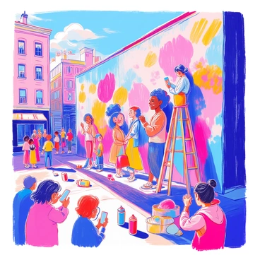 An artist stands on a sturdy ladder, carefully applying vibrant paint to a large mural on a city wall. The mural features an array of diverse figures, each representing different cultures and backgrounds, holding hands and smiling. Bright colors dominate the scene, with bold patterns symbolizing unity and love. Surrounding the artist, spray paint cans in various colors are scattered on the ground. The sun shines brightly, illuminating the mural and casting soft shadows on the wall, enhancing the vivid hues of the artwork. A small crowd of observers watches in admiration, capturing the moment with their smartphones.