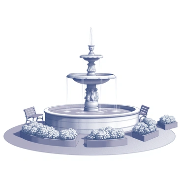 An ornate fountain stands as the focal point in a park. The fountain features intricate carvings and elegant spouts, gracefully cascading water into a large basin below. Surrounding the fountain are flower beds filled with various blooms, meticulously arranged to enhance the beauty of the scene. The flower beds are bordered by neatly trimmed hedges. Several benches are strategically placed nearby, providing spots for visitors to sit and enjoy the tranquil atmosphere. The park has a well-maintained pathway that leads to and from the fountain, inviting people to stroll and admire the surroundings.