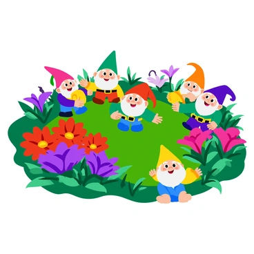 A lush garden filled with a variety of exotic flowers in bright colors like red, purple, and yellow. The flowers are arranged in clusters, showcasing their unique shapes and patterns. Among the flowers, there are several "ahki-styled garden gnomes" with whimsical features, each gnome is wearing colorful hats and has cheerful expressions. The gnomes are positioned playfully throughout the garden, interacting with the vibrant flora. The scene is illuminated by soft daylight, highlighting the vivid colors of the flowers and the cheerful appearance of the gnomes.