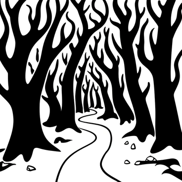 A dense forest filled with twisted trees, each one gnarled and bent in unusual shapes. The trees are closely packed, their trunks appearing dark and twisted, creating an imposing atmosphere. A narrow, winding path cuts through the forest, leading deeper into the shadows, with patches of uneven ground on either side. The branches arch overhead, forming an almost tunnel-like effect as they reach out towards one another. Small rocks and fallen leaves are scattered along the path, enhancing the sense of mystery and the unknown that lies ahead.