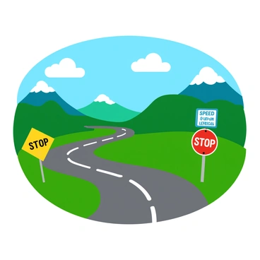 A colorful road trip scene featuring a winding road surrounded by green hills and blue skies. The road is lined with a variety of road signs in multiple languages, such as "STOP," "SPEED LIMIT," and "DIRECTION," each sign prominently displayed and clearly legible. The signs are designed with bright colors and playful fonts, adding to the vibrant atmosphere of the image. A few fluffy clouds float in the sky above, completing the cheerful setting of the scene. 