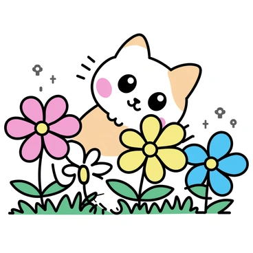 A fluffy cat with white fur and orange patches is peeking through vibrant flowers in a garden. The flowers are a mix of red, yellow, and blue blossoms, creating a colorful backdrop. The cat's green eyes are wide with curiosity as its head is slightly tilted. The garden is lush with greenery, and the sunlight casts soft shadows through the petals of the flowers.