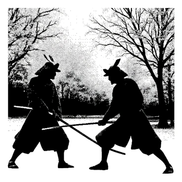 Two samurai warriors are positioned in a cherry blossom garden. One warrior stands on the left with a katana drawn, wearing traditional armor, while the other warrior on the right is also armed with a katana, focusing intently on their opponent. Cherry blossom trees surround them, with petals gently falling to the ground. The sky is darkening as dusk approaches, creating a contrast between the figures and the environment.