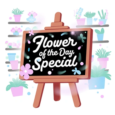 A chalkboard sign stands on a wooden easel inside a flower shop. The sign is decorated with colorful chalk illustrations of various flowers surrounding the text. The message on the sign reads "Flower of the Day Special" in bold, playful lettering. In the background, there are shelves filled with vibrant flower arrangements and greenery peeking out from pots. The overall atmosphere is warm and inviting, filled with the essence of fresh blooms.