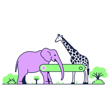 A search bar is positioned prominently in the center of the image. To the left, a large elephant stands with its trunk extended and ears flared, showcasing its size and features. Next to it, a tall giraffe stretches its long neck upwards, its patterned skin clearly visible. In the background, a few bushes and trees add context to the safari setting, while the ground is covered with sparse grass. The scene captures a close interaction between the search bar and the safari animals, highlighting the contrast between technology and nature.