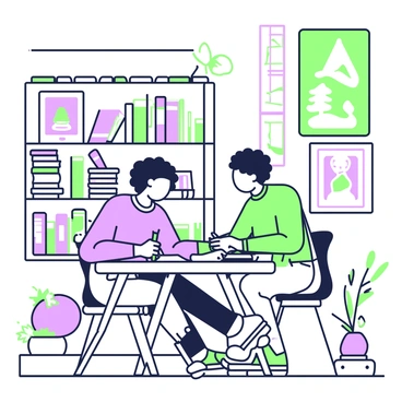 A young artist is seated at a wooden table in a cozy corner of a library. The artist has curly hair and is wearing a casual shirt and jeans. They are focused on sketching in a notebook, holding a pencil in their right hand. Around them, stacks of art books and prints are organized on shelves, showcasing various styles and techniques. A small potted plant is on the table, adding a touch of greenery. Light filters in through a nearby window, illuminating the pages of the books and the artist's work.