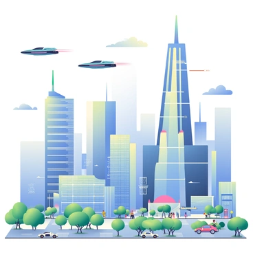 A sprawling futuristic cityscape is depicted, featuring tall skyscrapers with sleek glass exteriors that reflect the sunlight. Some of the buildings are adorned with neon lights, giving them a vibrant glow. In the sky, several flying cars with streamlined designs navigate between the skyscrapers, leaving faint trails behind them. The streets below are bustling with activity, showcasing a mix of pedestrians and autonomous vehicles. Surrounding the buildings are green spaces, with trees and neatly manicured gardens serving as a contrast to the urban environment. The scene is filled with a sense of innovation and advancement.