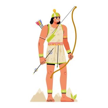 An ancient warrior in traditional attire holding a bow and arrows