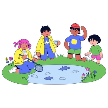 A group of four children is gathered around a fish pond, engaging in an exploration activity. Two children, a girl with pigtails wearing a yellow raincoat and a boy in a blue t-shirt, are kneeling by the water's edge, holding a net in one hand and a transparent container in the other. The other two children, a boy with a red cap and a girl in a green dress, are peering curiously into the water. The pond is surrounded by lush green grass and several colorful flowers bloom nearby. In the water, small fish can be seen swimming, creating ripples in the surface.