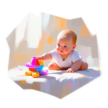 A baby with soft, chubby cheeks and bright, curious eyes is crawling on a soft, textured blanket. The blanket features a gentle pattern with pastel colors that provide a cozy backdrop. The baby is reaching out towards a colorful toy that is just out of reach, showcasing a blend of vibrant hues like red, blue, and yellow. The baby's tiny fingers are stretched out, and there is a look of determination on their face as they inch closer to the toy. Sunlight filters in, creating a warm and inviting atmosphere around the scene.