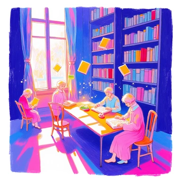 A dimly lit library features tall wooden bookshelves filled with old books. Soft shadows are cast across the room, highlighting a few floating books that gently hover in the air. Spectral figures, appearing ethereal and semi-transparent, are seated at wooden tables, engrossed in reading the floating texts. The figures are dressed in vintage clothing, reflecting different time periods. A faint glow emanates from the pages of the books, illuminating the faces of the spectral readers. Dust motes dance in the air, adding to the mysterious atmosphere of the scene.