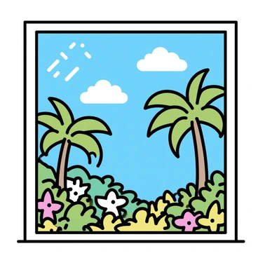 A view from a window, showcasing a vibrant landscape. In the foreground, "the window frame" is painted in a soft white color. Beyond the glass, a "lush tropical paradise" unfolds, filled with swaying palm trees that have long, green fronds. The sky is a bright blue, dotted with a few fluffy white clouds. The ground is covered with dense greenery, featuring various tropical plants and vibrant flowers. Sunlight filters through the leaves, creating dappled light patterns on the ground.