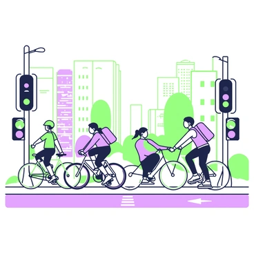 A busy bike lane in a city during the morning rush hour is filled with cyclists. On the left, a cyclist with a green helmet rides a bicycle with a green frame. Next to them, a woman in a purple jacket is pedaling energetically, her hair tied back in a ponytail. A delivery cyclist in a green vest is navigating alongside a couple, both wearing purple backpacks. In the background, tall buildings line the street, and traffic lights and road signs are clearly visible. A bike lane emblem is painted on the pavement, indicating the designated cycling area.