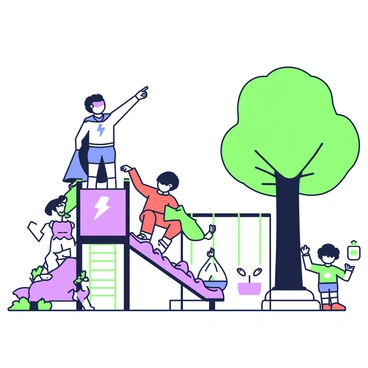 A group of children are dressed as superheroes in a playground setting. One child, wearing a blue cape and a mask, is standing heroically atop a climbing structure, pointing towards the horizon. Another child, in a red costume with a lightning bolt emblem, is helping a friend down from a slide. Nearby, a third child, dressed in green with a utility belt, is playfully pretending to use a gadget to capture an imaginary villain. The playground equipment features swings and colorful structures, and a small group of children can be seen cheering for their superhero friends. A large tree provides shade in the background, completing the vibrant scene.